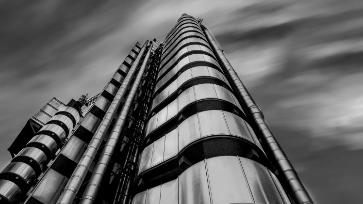 Lloyd's of London building in black and white.